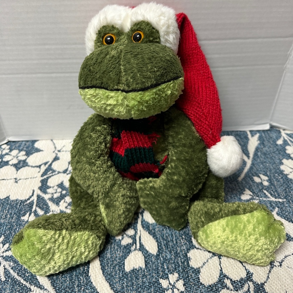 Vintage Dillard’s Plush Frog Christmas Holiday Santa Hat Scarf Stuffed Animal